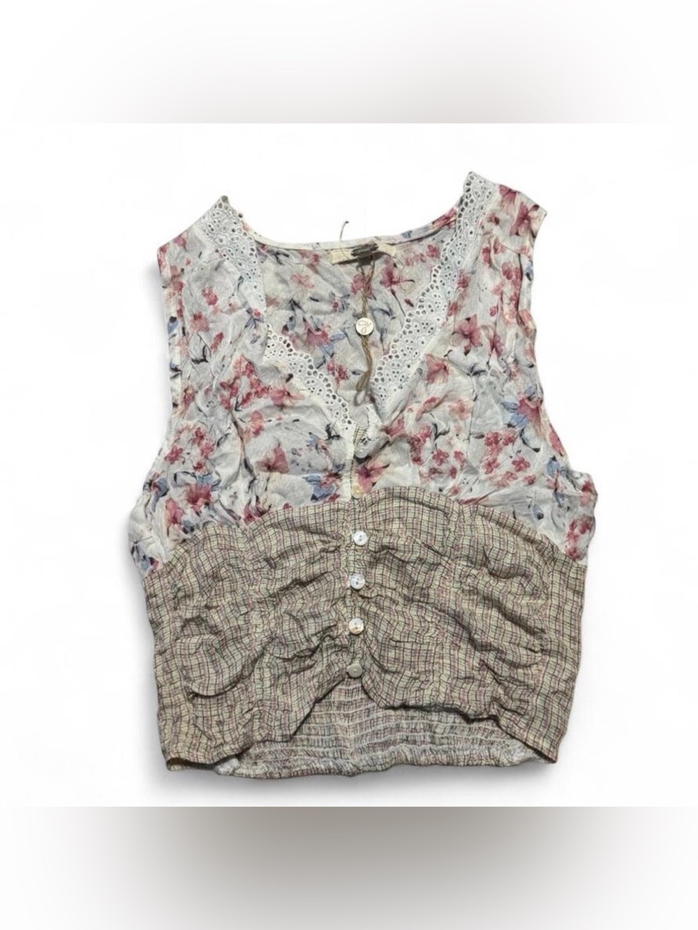 gimmicks by BKE Floral Lace-Trim Mixed-Print Sleeveless Tank - White/Pink/Tan